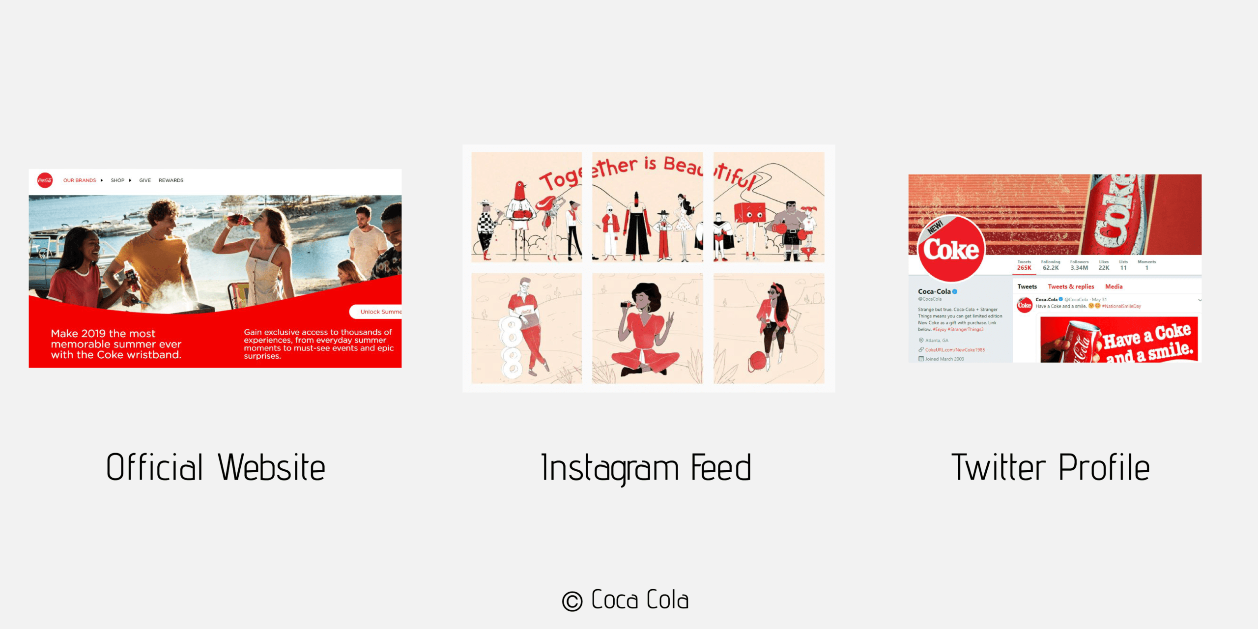A photo showing how coca cola uses the red color to express their visual identity online.