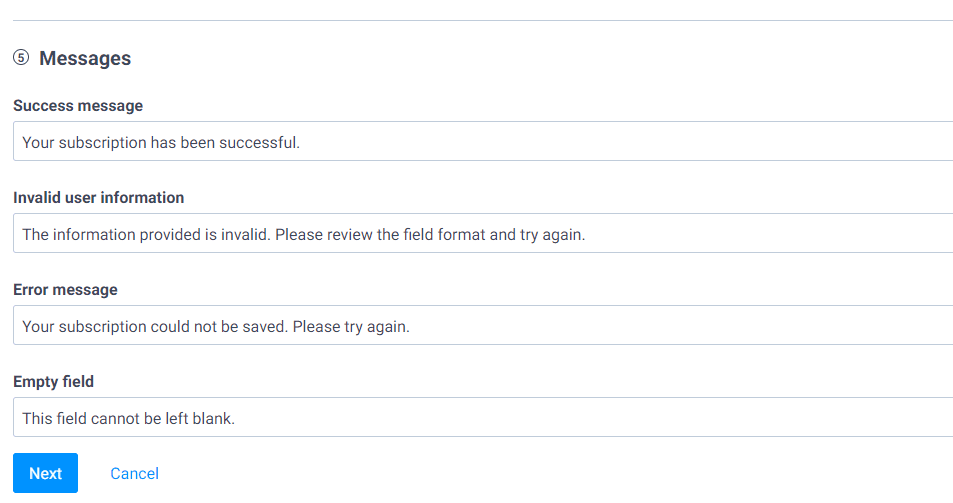 Subscription form success and error messages edit.