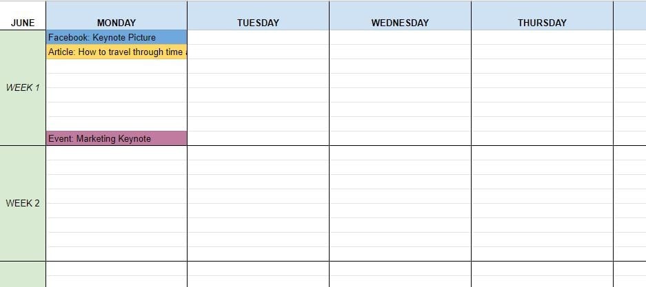 A photo showing an example of a Excel Content Calendar and Schedule.