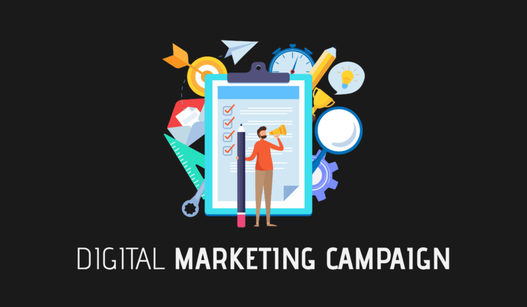 A photo of a digital marketer working on a marketing campaign with elements behind him.