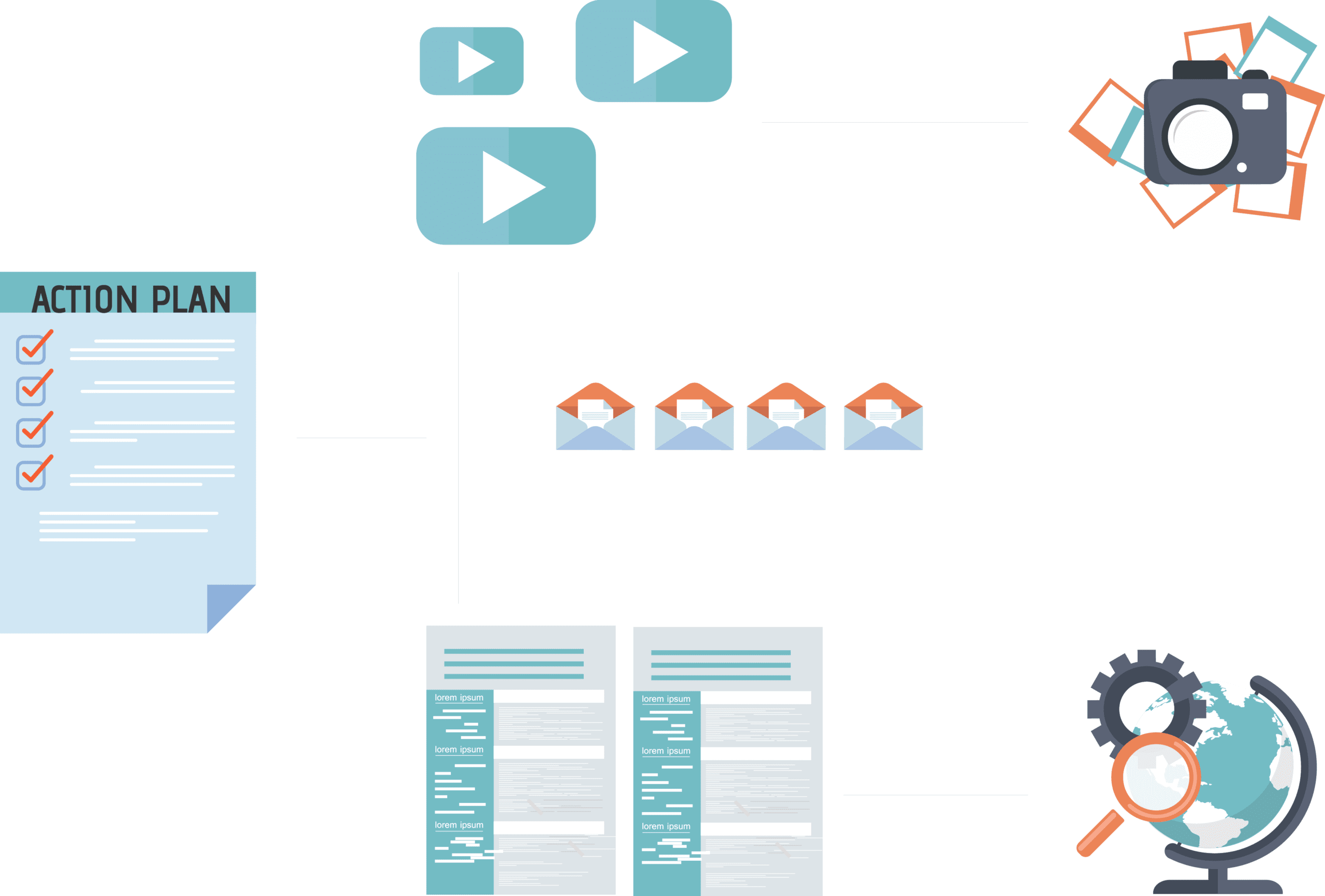 Brand Content Flow With Different Icons For Planning, Photos, Search, Videos and E-mail.