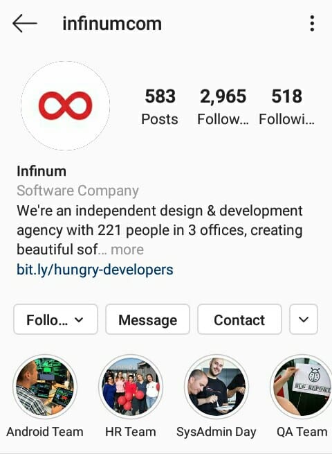 Infinum Instagram Profile With Story Highlights.