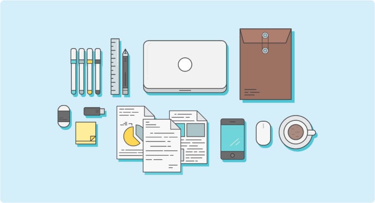 A set of tools for creating content on desk. Including papers, laptop, phone, documents, sticky notes, coffee, and more.