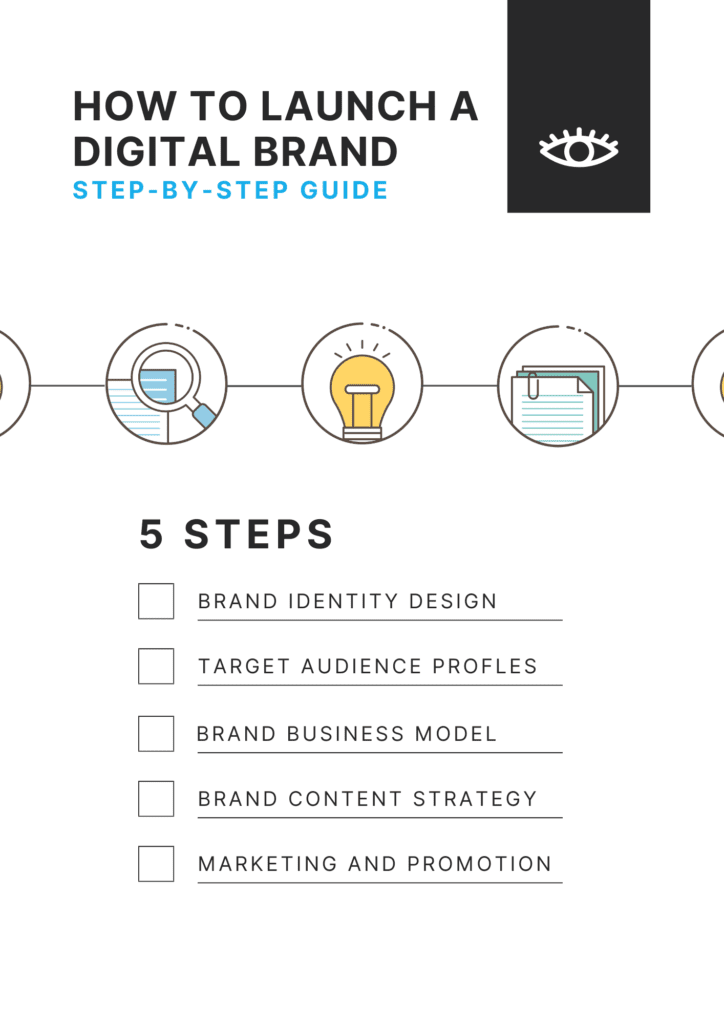5 Steps to build and launch a digital brand cover with icons.