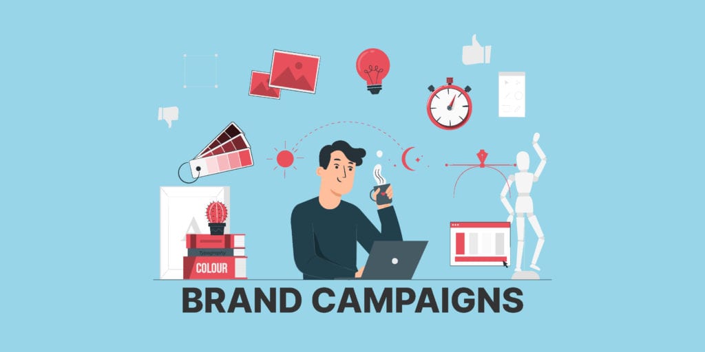 Run Brand Campaigns Cover Photo With Marketer and Elements Such as Books, Colors, Coffee and More.