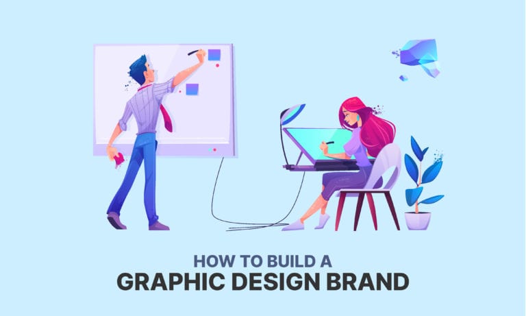 Building a graphic design brand is a great way to showcase your skills as a designer. Cover photo of girl and guy designers working on their branding.