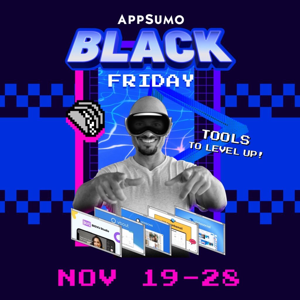 App Sumo pixel art promoting their Black Friday sale with a person wearing VR goggles in the middle. 