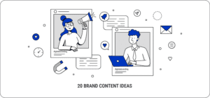 Vector image of a girl and a guy marketers inside a social media post frames, with content marketing elements floating around them.