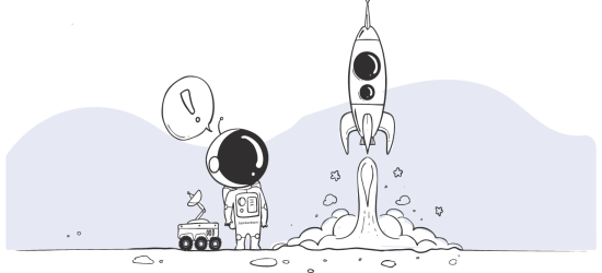 Line art of an astronaut launching a rocket with planets and stars in the background.